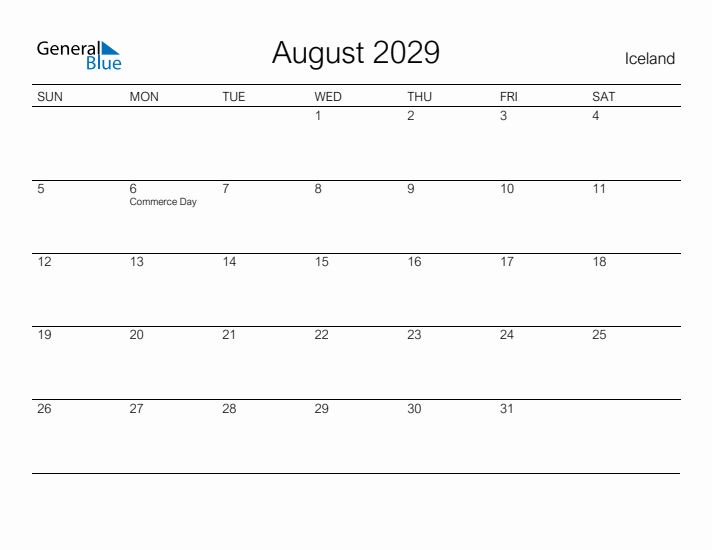 Printable August 2029 Calendar for Iceland