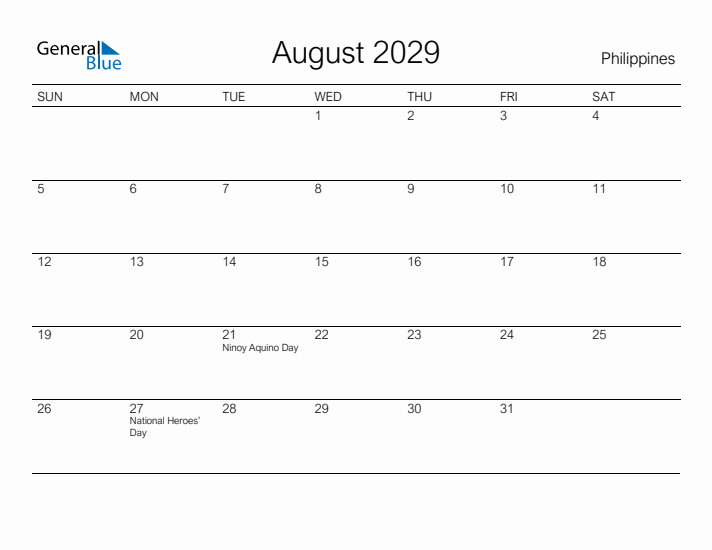 Printable August 2029 Calendar for Philippines