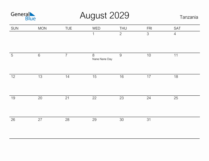 Printable August 2029 Calendar for Tanzania