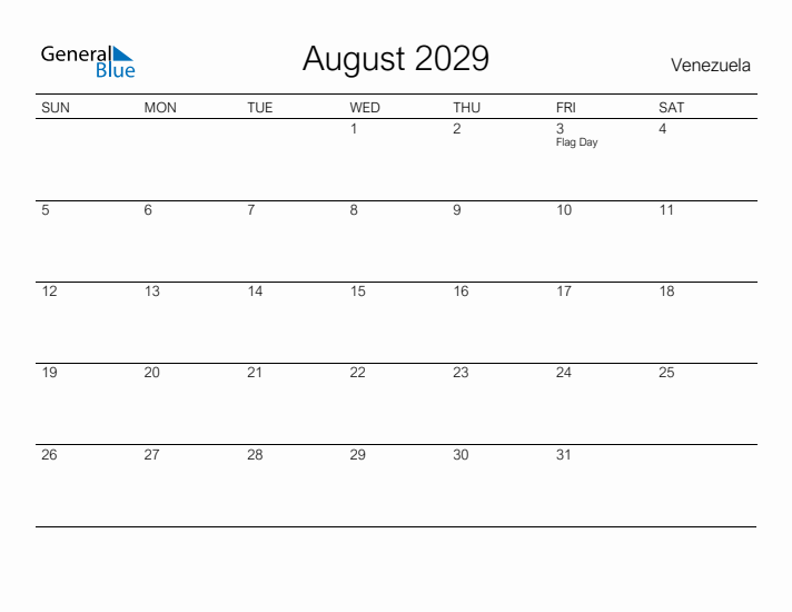 Printable August 2029 Calendar for Venezuela