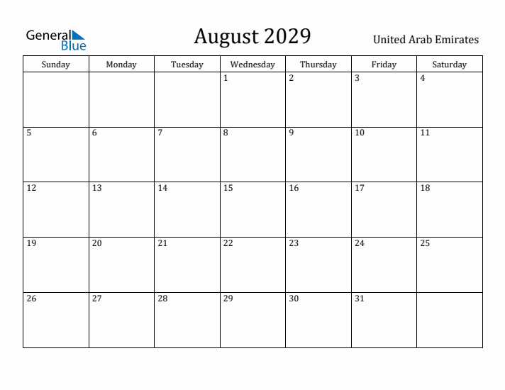 August 2029 Calendar United Arab Emirates