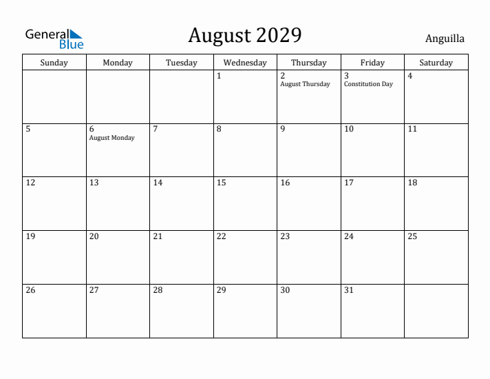 August 2029 Calendar Anguilla