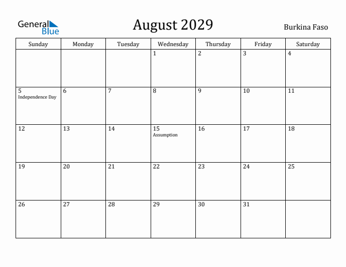 August 2029 Calendar Burkina Faso