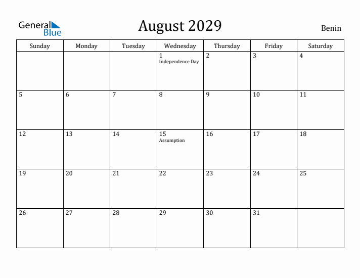 August 2029 Calendar Benin