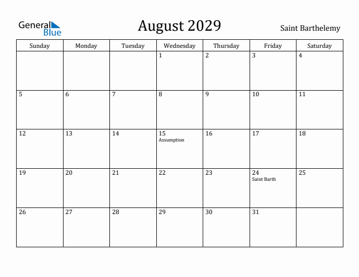 August 2029 Calendar Saint Barthelemy