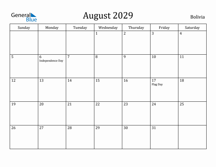 August 2029 Calendar Bolivia