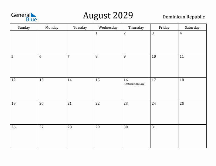 August 2029 Calendar Dominican Republic