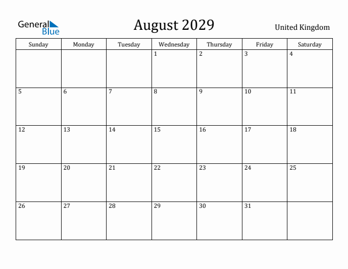 August 2029 Calendar United Kingdom