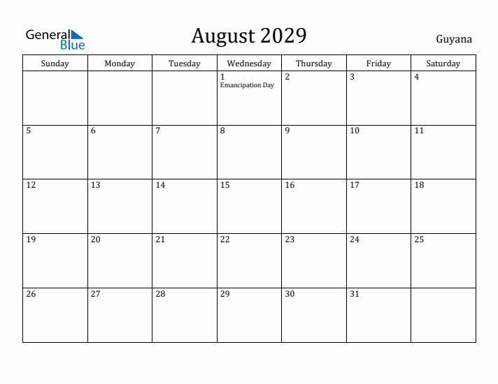 August 2029 Calendar Guyana