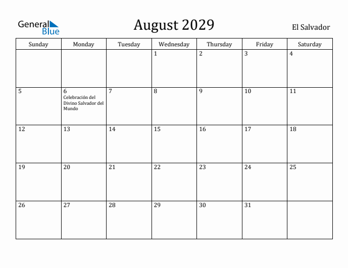 August 2029 Calendar El Salvador