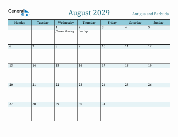 August 2029 Calendar with Holidays