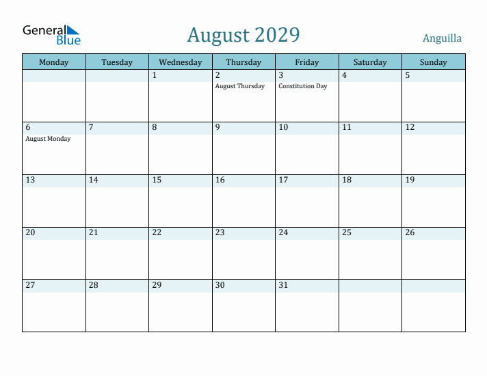 August 2029 Calendar with Holidays