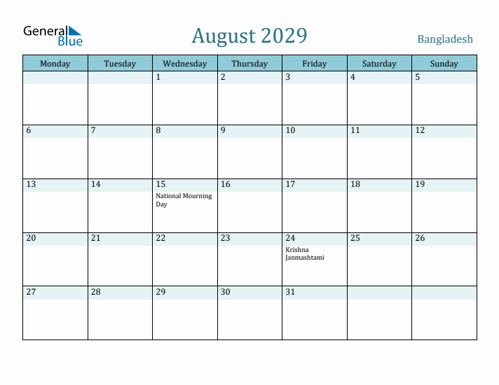 August 2029 Calendar with Holidays