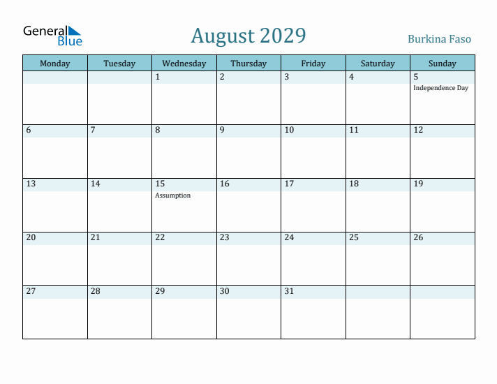 August 2029 Calendar with Holidays