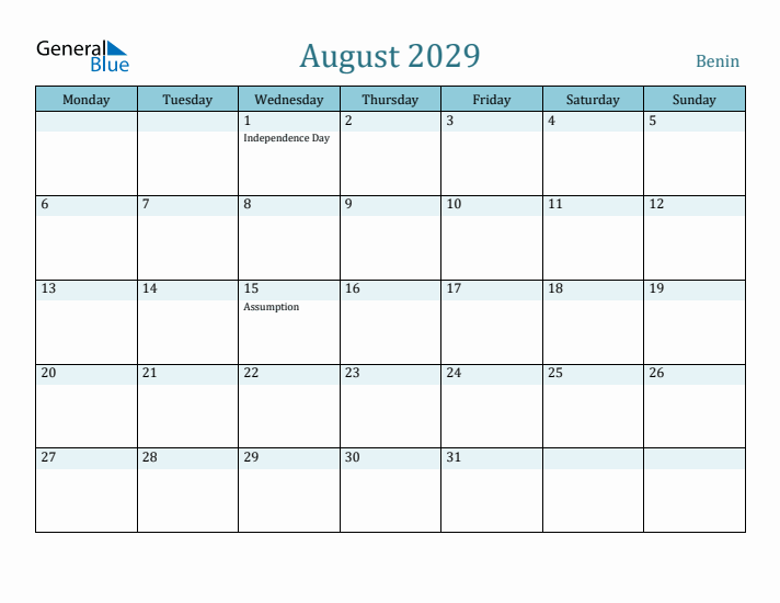 August 2029 Calendar with Holidays