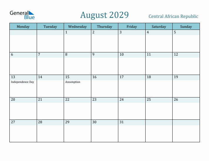 August 2029 Calendar with Holidays