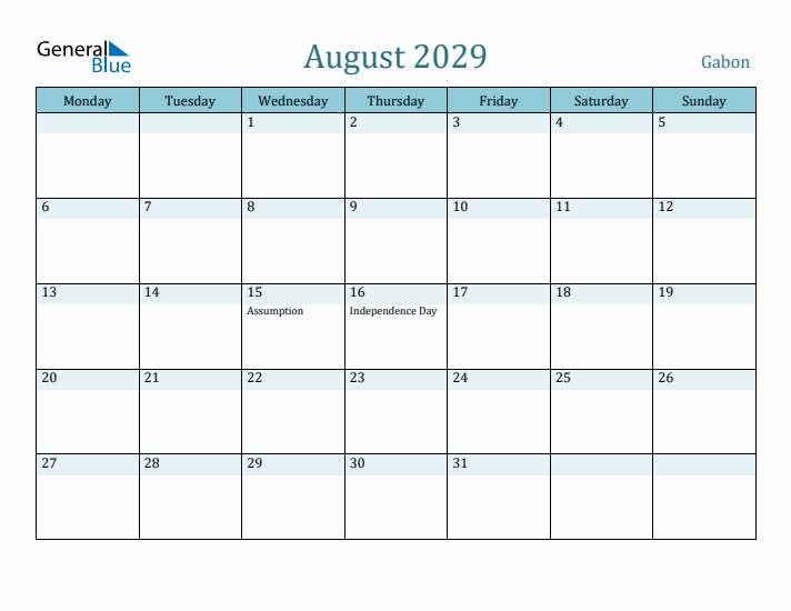 August 2029 Calendar with Holidays