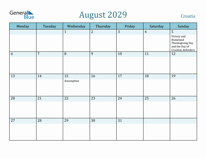 August 2029 Calendar with Holidays