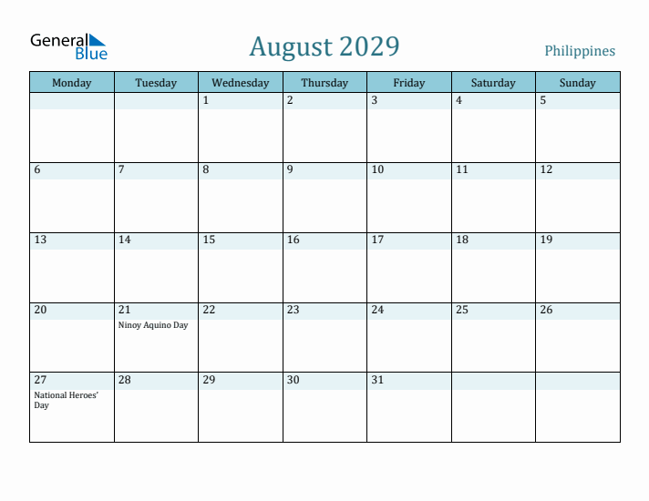 August 2029 Calendar with Holidays