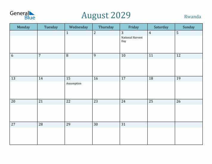 August 2029 Calendar with Holidays