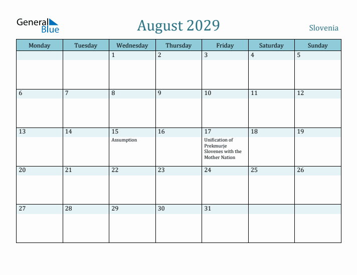 August 2029 Calendar with Holidays