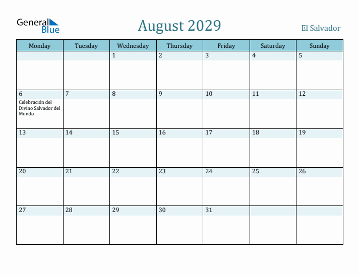 August 2029 Calendar with Holidays