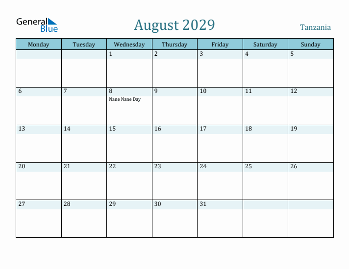 August 2029 Calendar with Holidays