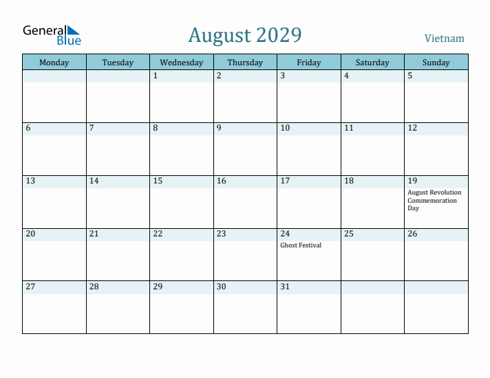 August 2029 Calendar with Holidays