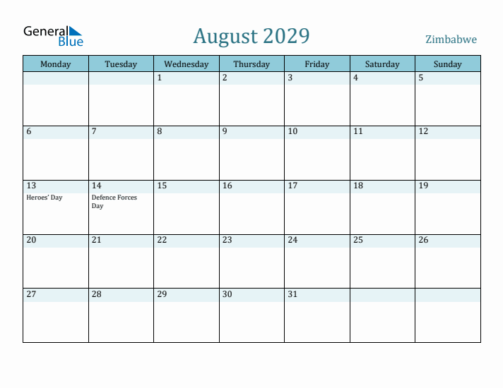 August 2029 Calendar with Holidays