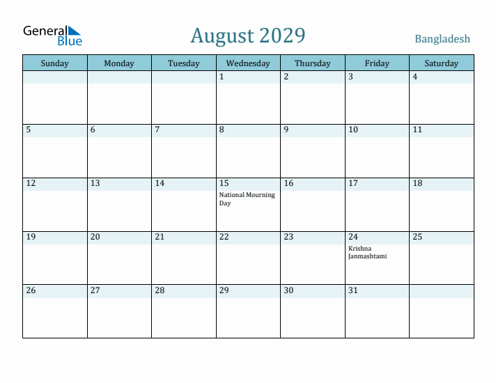 August 2029 Calendar with Holidays