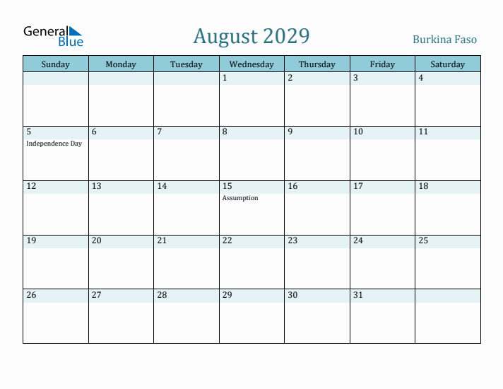 August 2029 Calendar with Holidays