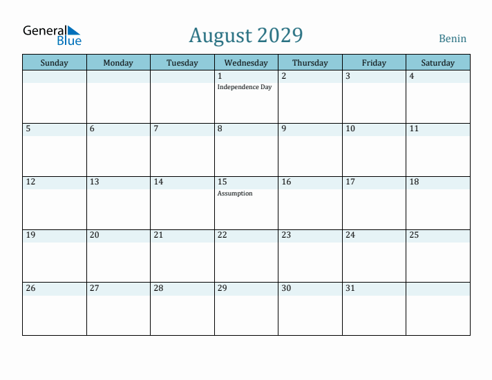 August 2029 Calendar with Holidays