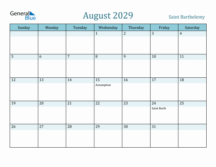 August 2029 Calendar with Holidays