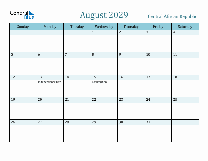 August 2029 Calendar with Holidays