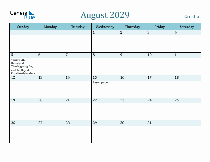 August 2029 Calendar with Holidays