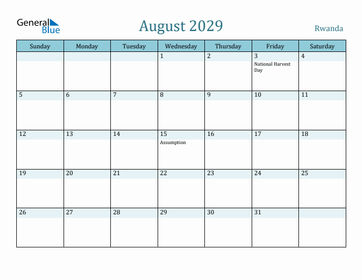 August 2029 Calendar with Holidays