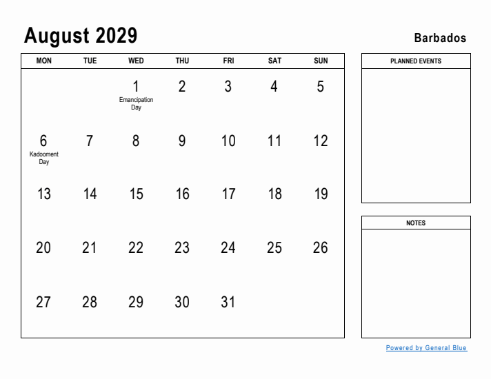 August 2029 Printable Monthly Calendar with Barbados Holidays