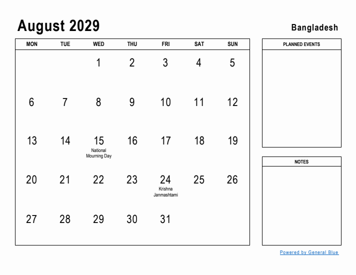 August 2029 Printable Monthly Calendar with Bangladesh Holidays