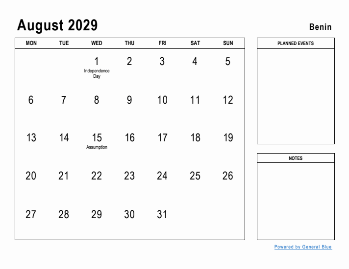 August 2029 Printable Monthly Calendar with Benin Holidays