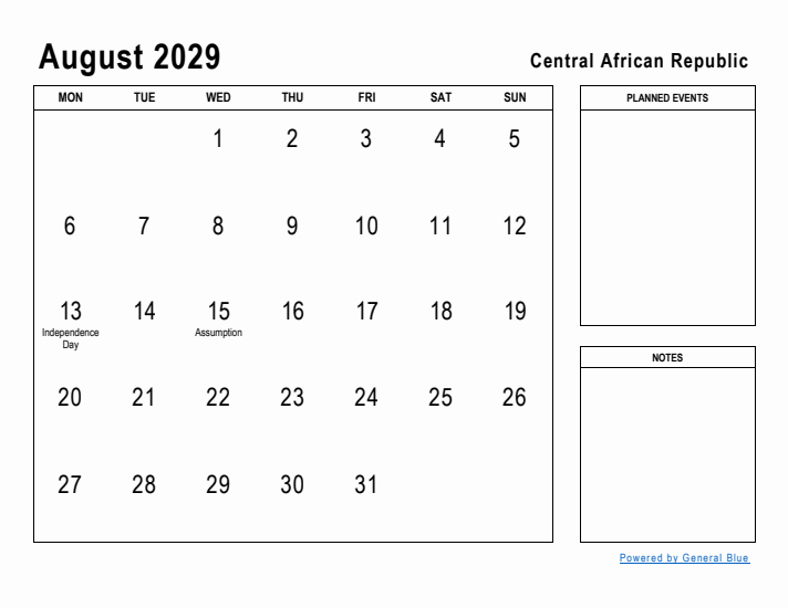 August 2029 Printable Monthly Calendar with Central African Republic Holidays