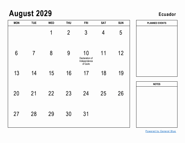 August 2029 Printable Monthly Calendar with Ecuador Holidays