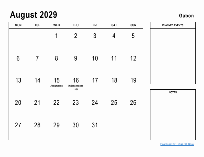 August 2029 Printable Monthly Calendar with Gabon Holidays