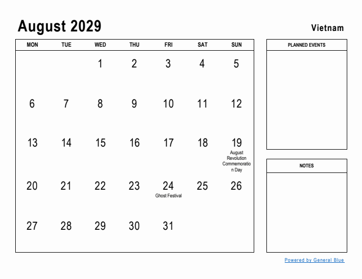 August 2029 Printable Monthly Calendar with Vietnam Holidays