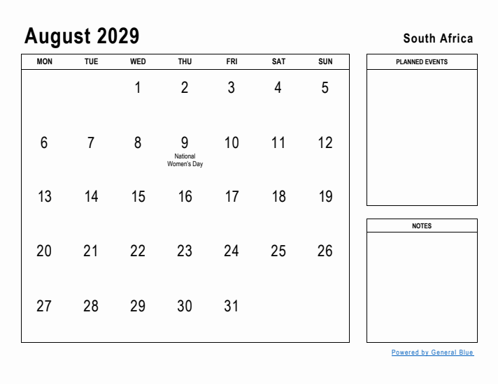 August 2029 Printable Monthly Calendar with South Africa Holidays