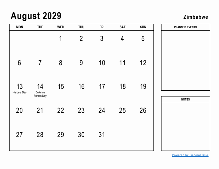 August 2029 Printable Monthly Calendar with Zimbabwe Holidays