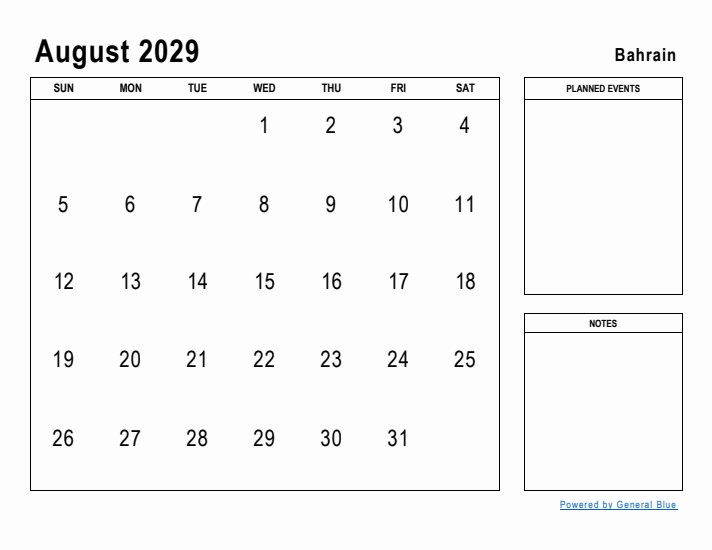 August 2029 Printable Monthly Calendar with Bahrain Holidays