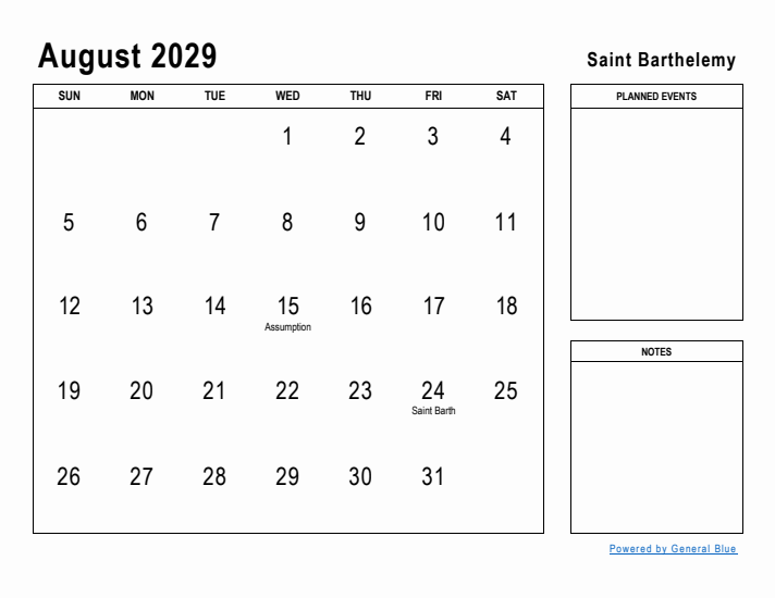 August 2029 Printable Monthly Calendar with Saint Barthelemy Holidays