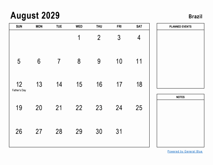 August 2029 Printable Monthly Calendar with Brazil Holidays