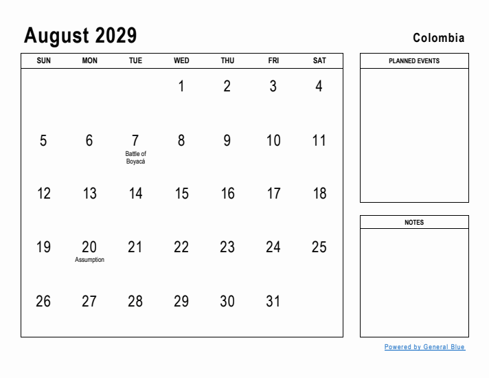 August 2029 Printable Monthly Calendar with Colombia Holidays