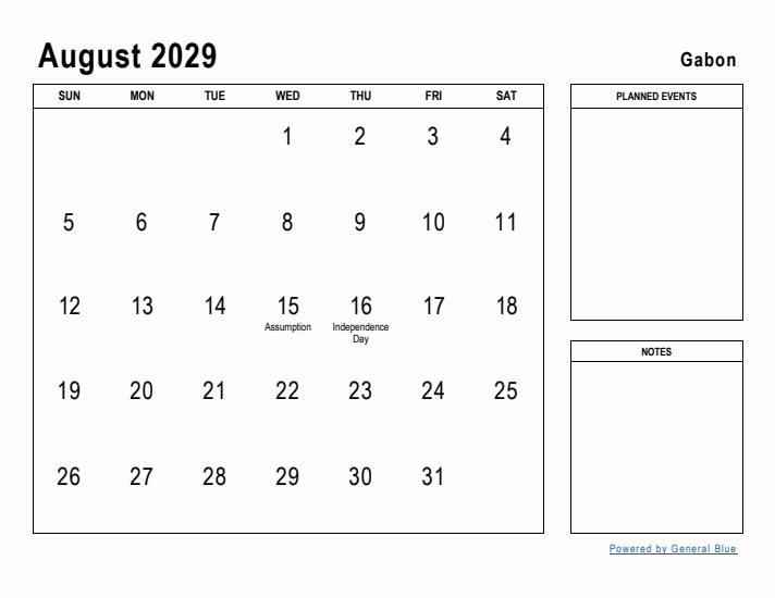 August 2029 Printable Monthly Calendar with Gabon Holidays